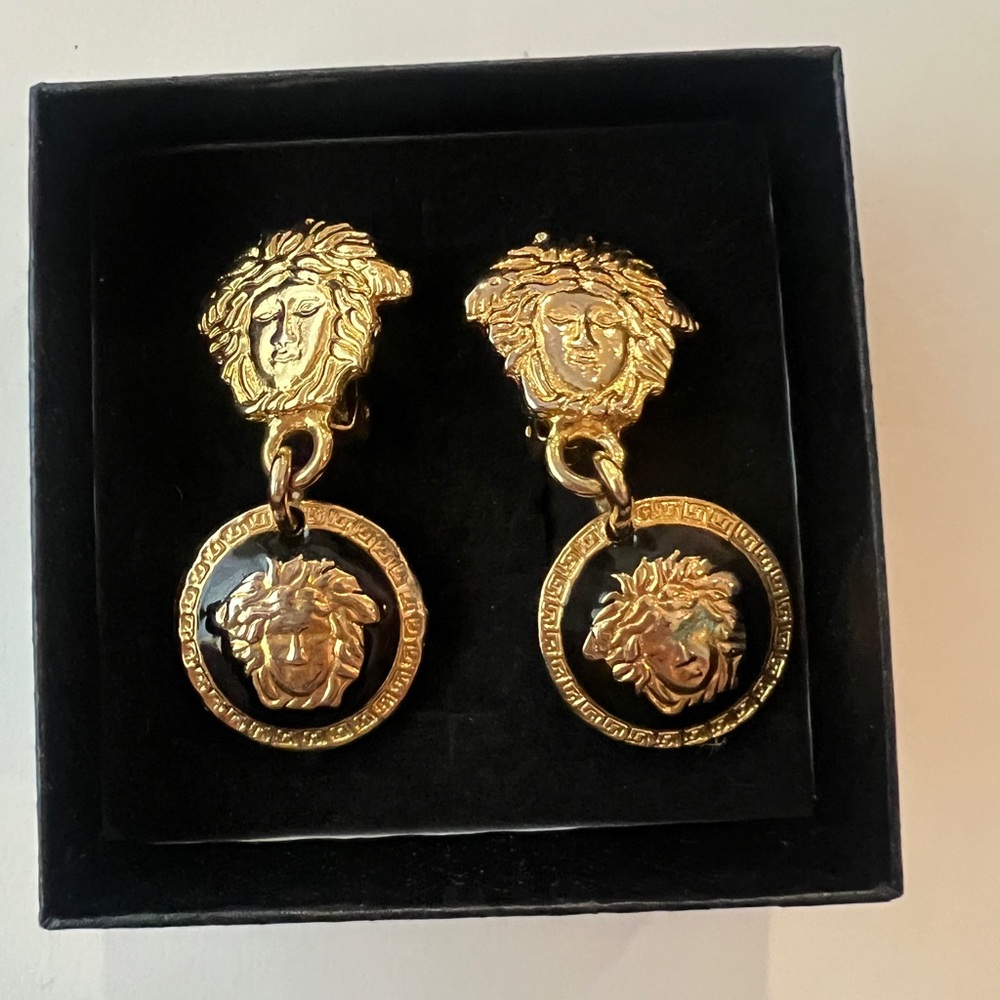 Vintage Versace Gold Medusa Clip-on Earrings black/white